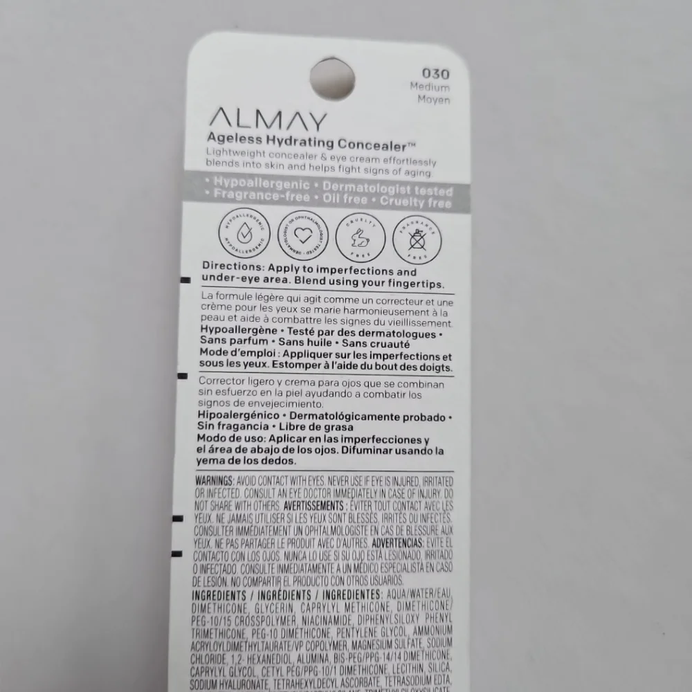Almay Ageless Hydrating Concealer Shade 030 Medium 0.37‎ Fl Oz Hyaluronic Acid